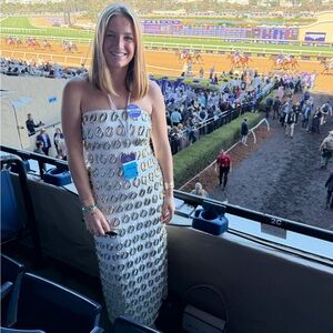 ARRANGE embellished 3D gold detail bandeau column midi dress in cream